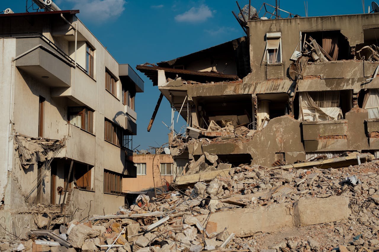 Damaged buildings from earthquake Seismic Waves